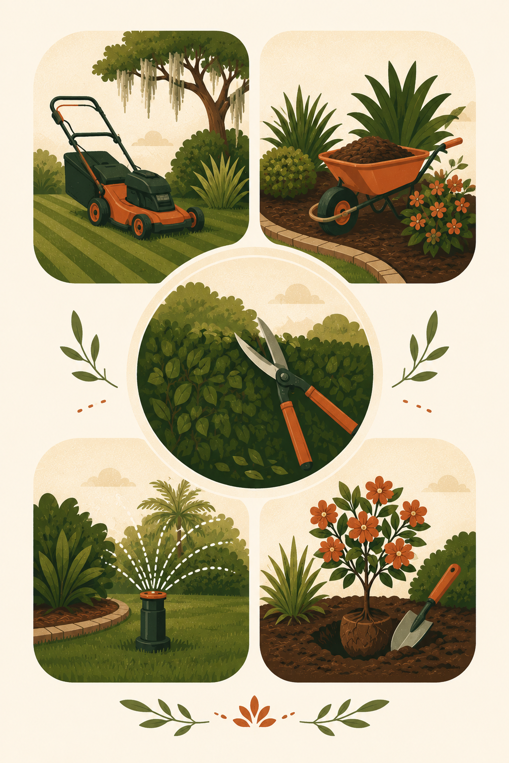 Illustrated overview of Great Garden Landscaping's core services — mowing, mulching, trimming, irrigation, and planting